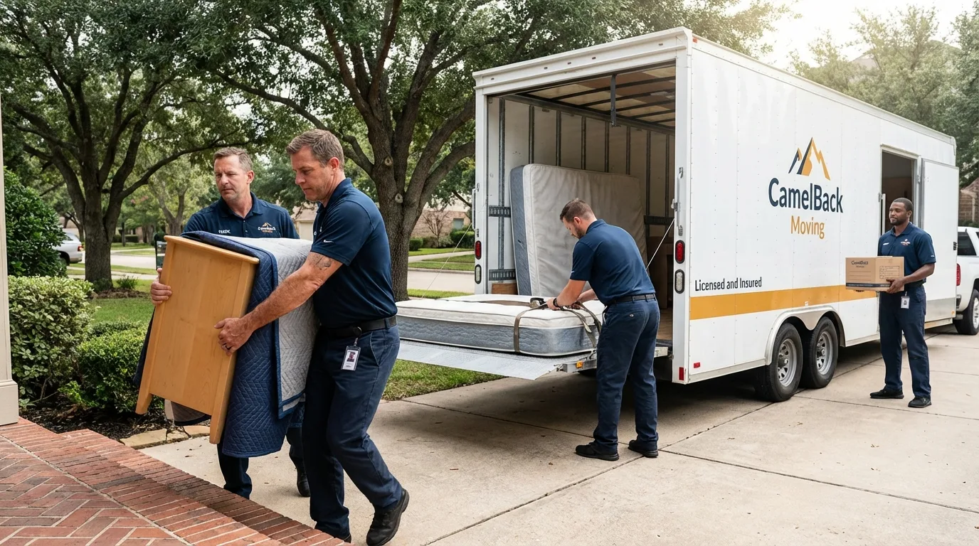 Crew loading residential truck for cross-state move from Manchester, IA