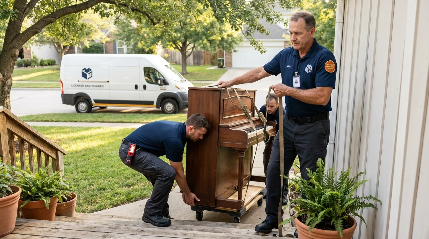 Licensed piano movers securing grand piano in Manchester, IA