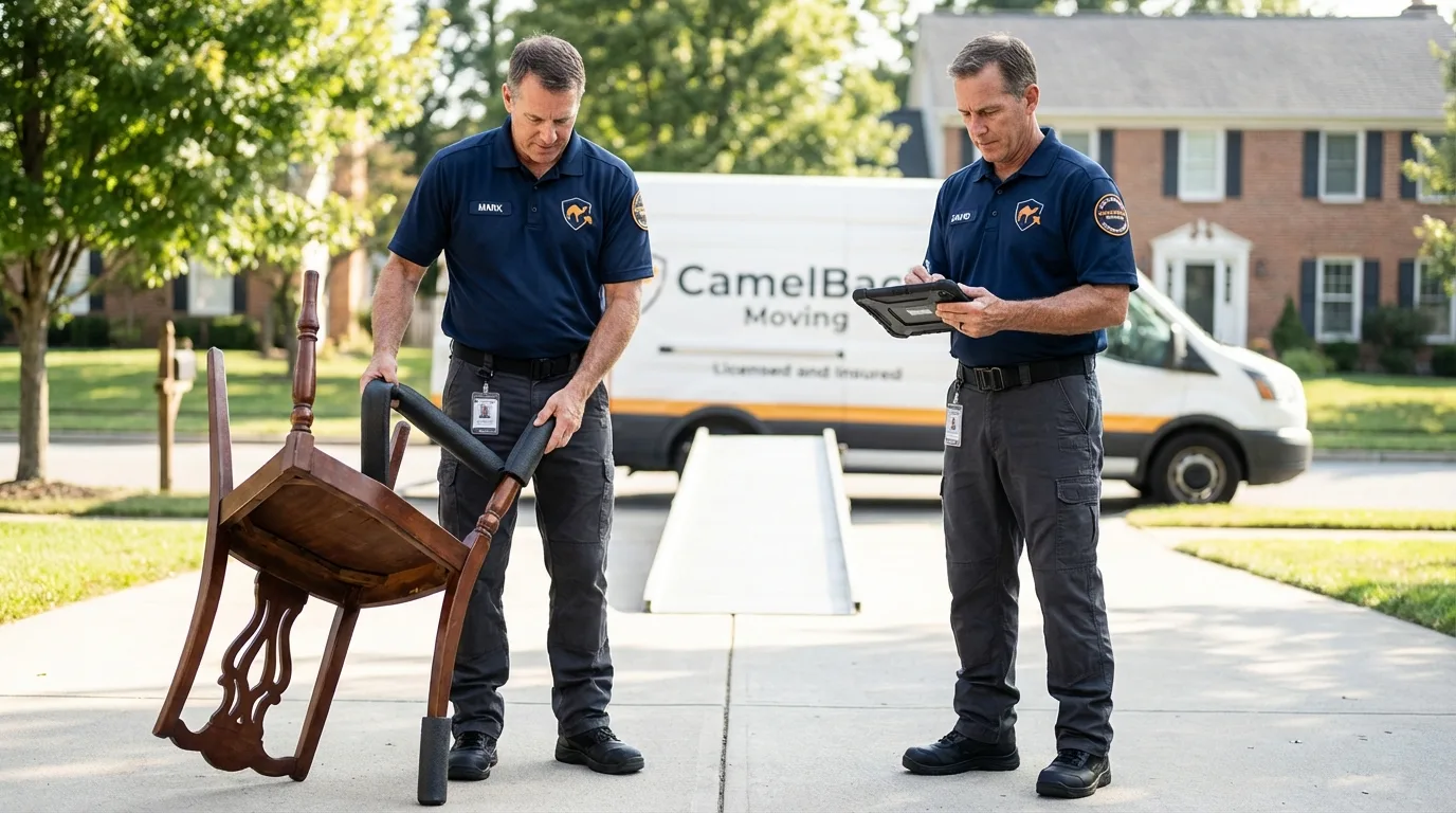 Movers inspecting furniture for damage prevention before loading in Manchester, IA