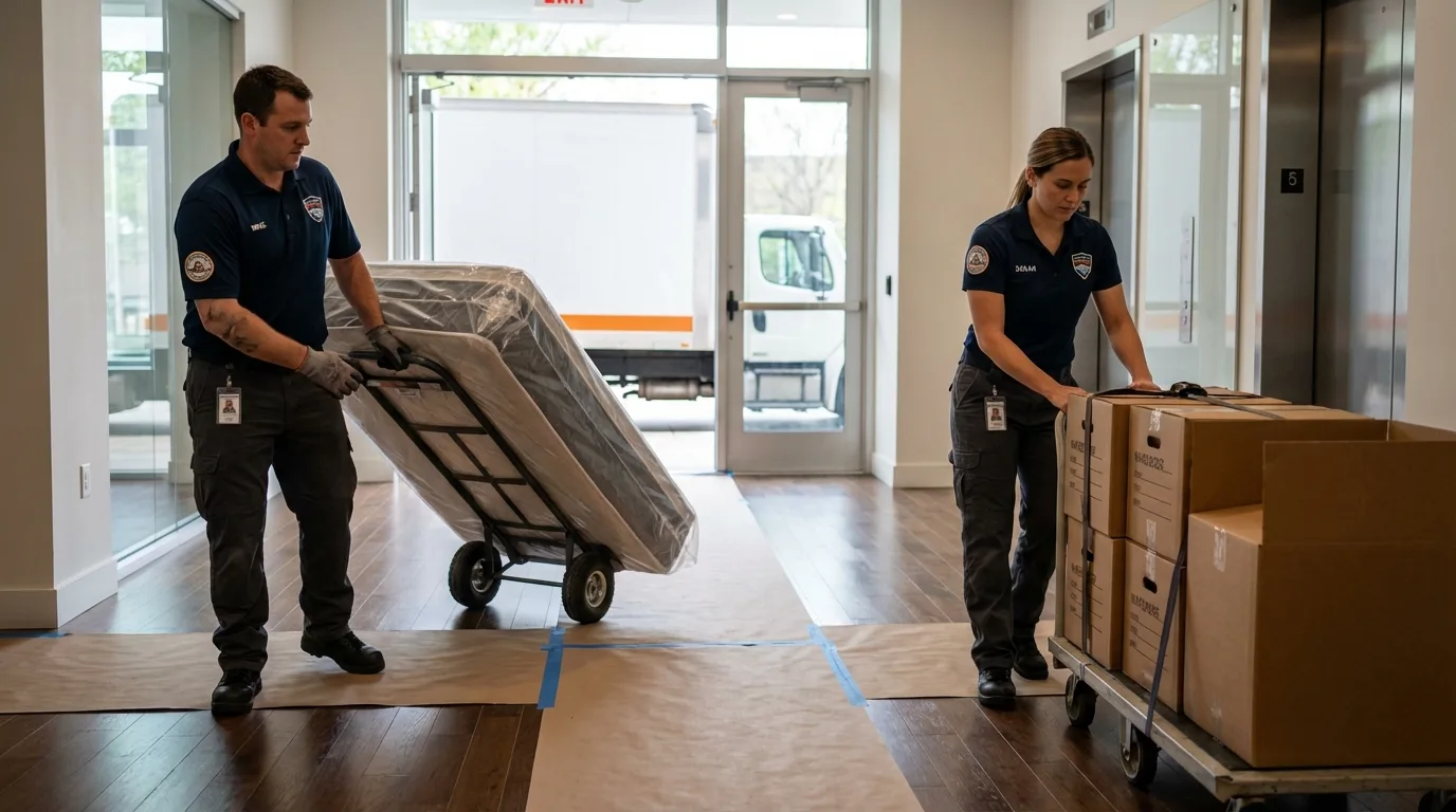 Professional apartment movers loading elevator in Manchester, IA